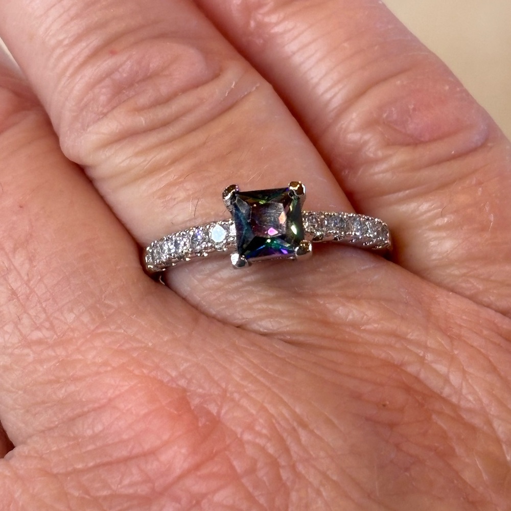 Princess cut Simulated mystic topaz and Cz accents. 925 sterling. size 10 1/2